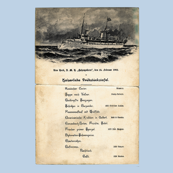 A Kiedrich Auslese from Weingut Robert Weil was at the imperial menu, on February, 25th 1902, on board of the S.M.H. Hohenzollern infront of the New York skyline.