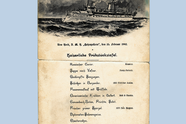 A Kiedrich Auslese from Weingut Robert Weil was at the imperial menu, on February, 25th 1902, on board of the S.M.H. Hohenzollern infront of the New York skyline.